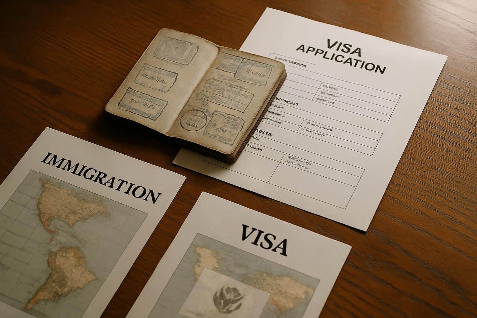 A worn passport and visa documents on a desk in soft, natural light. A worn passport and visa documents on a desk in soft, natural light.