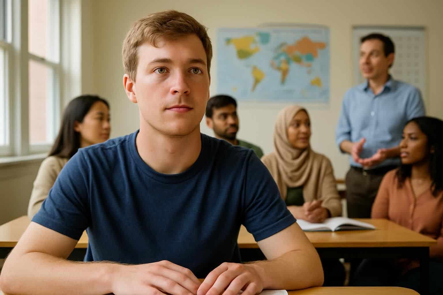 A group of diverse international students engage in collaborative language learning in a well-lit classroom. A group of diverse international students engage in collaborative language learning in a well-lit classroom.