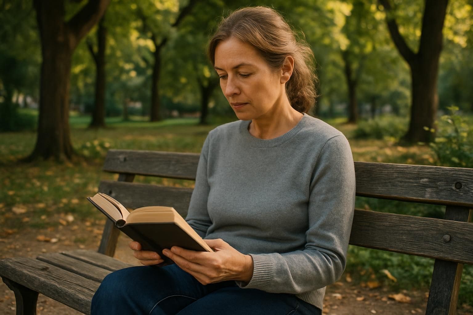 A middle-aged woman in a city park, engrossed in a book on a weathered wooden bench. A middle-aged woman in a city park, engrossed in a book on a weathered wooden bench.