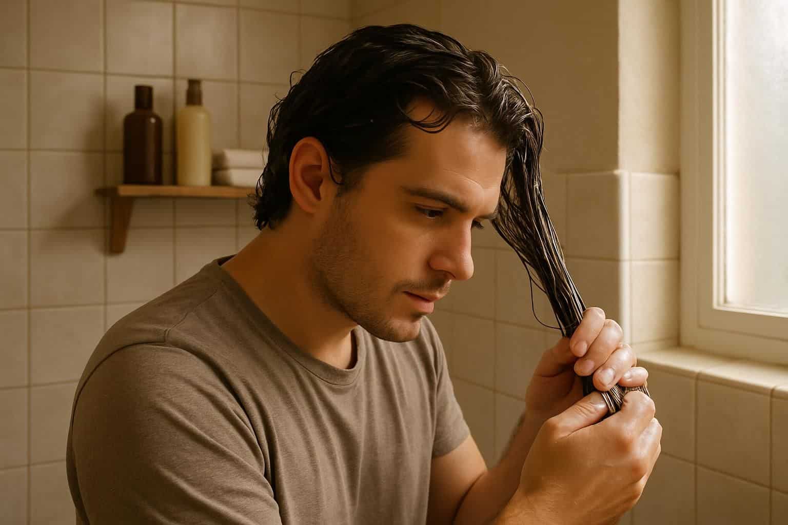 A man in his 30s applies hydrating conditioner to his damp hair in a warmly lit bathroom. A man in his 30s applies hydrating conditioner to his damp hair in a warmly lit bathroom.