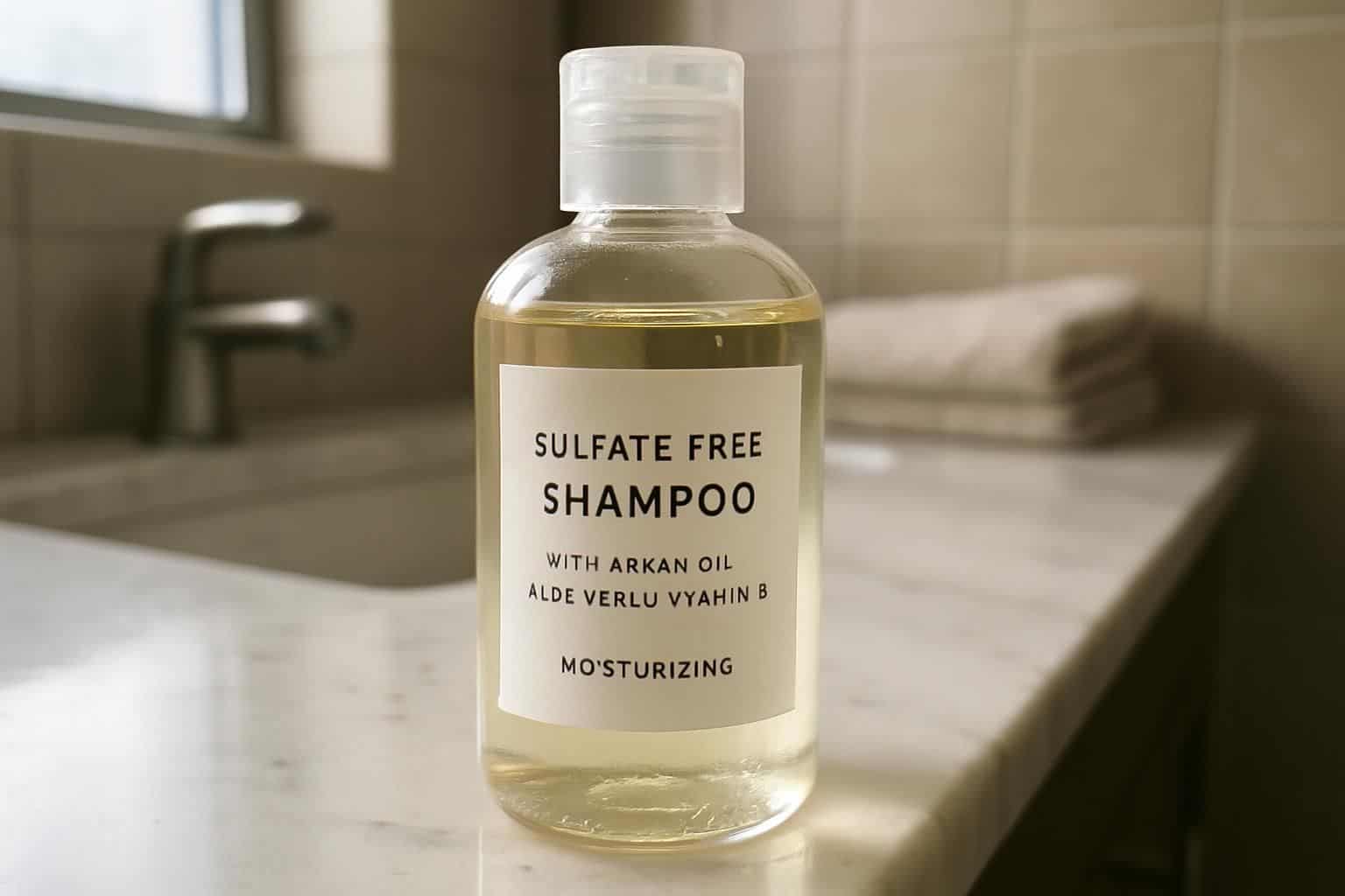 A sulfate-free shampoo bottle sits on a white marble countertop in a modern bathroom. A sulfate-free shampoo bottle sits on a white marble countertop in a modern bathroom.