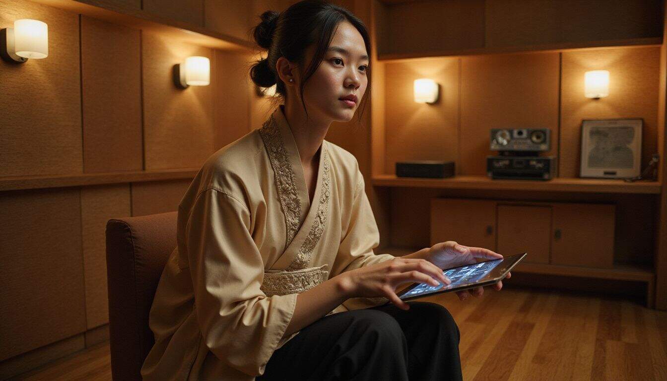 A young person is wearing a traditional-inspired silk jacket and interacting with an augmented reality interface in a cozy studio. A young person is wearing a traditional-inspired silk jacket and interacting with an augmented reality interface in a cozy studio.