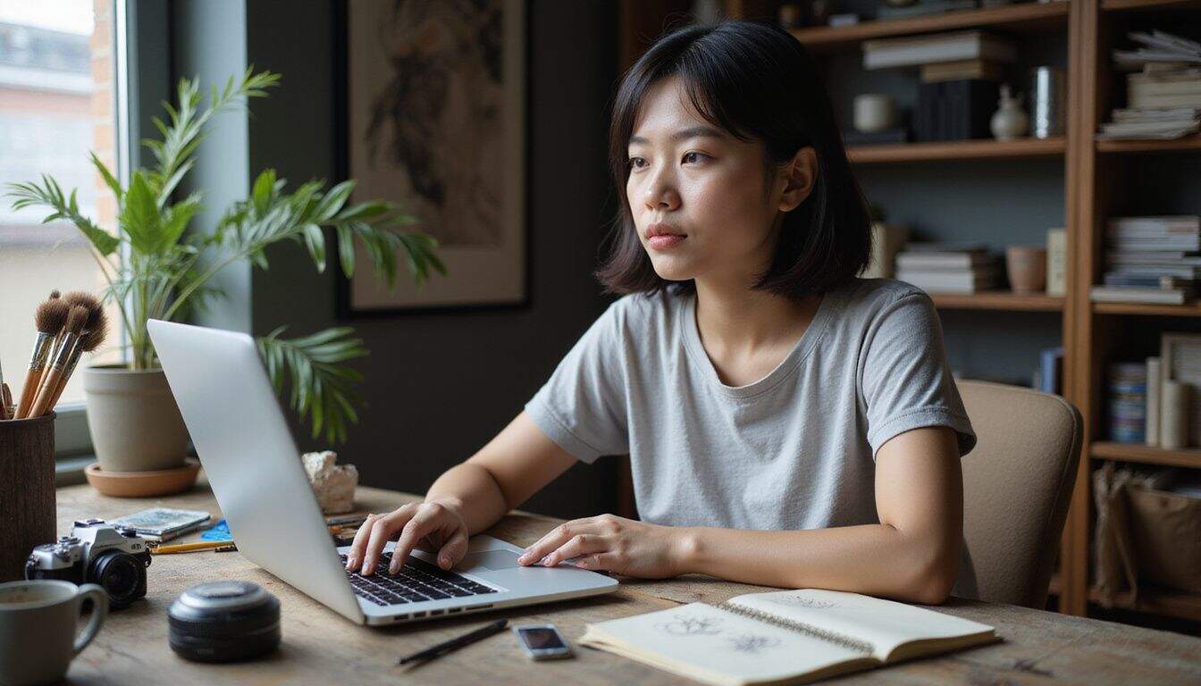 A young artist sits at a cluttered desk in a cozy home studio, focused on their work. A young artist sits at a cluttered desk in a cozy home studio, focused on their work.
