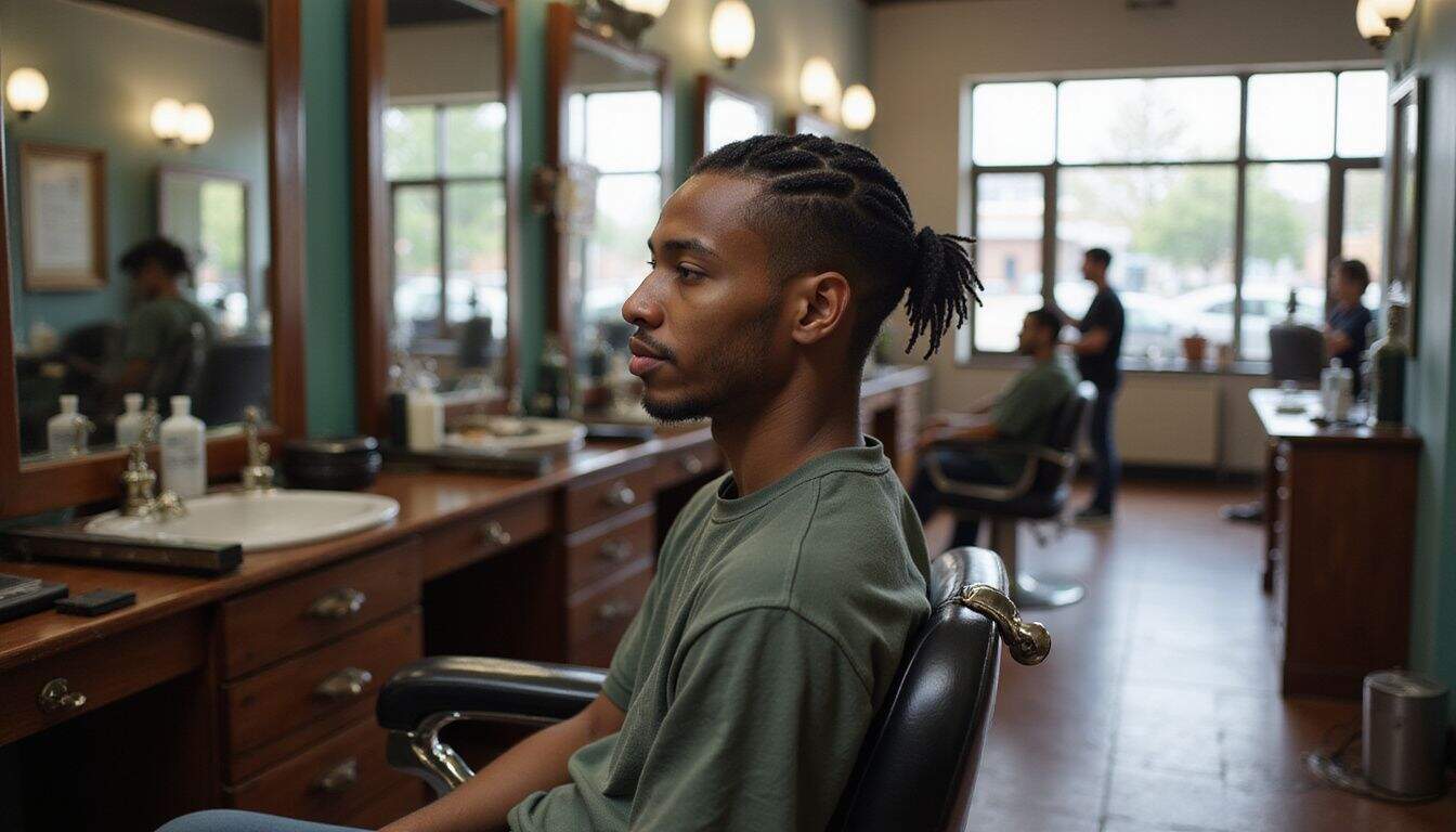 A young man sits comfortably in a barber chair, surrounded by the busy ambiance of the barbershop. A young man sits comfortably in a barber chair, surrounded by the busy ambiance of the barbershop.