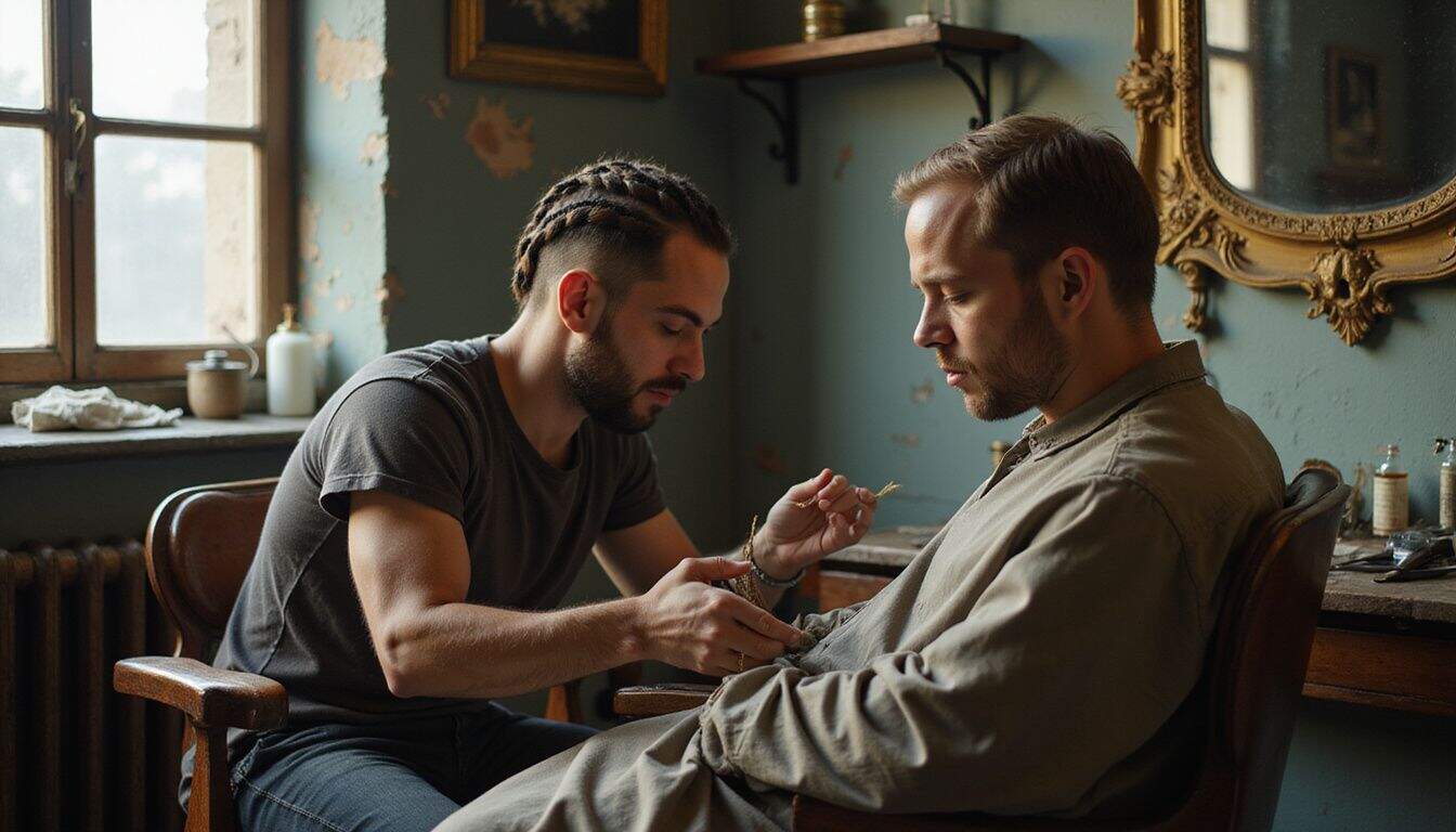 A young man getting a precise fade and intricate braids in a vintage barbershop. A young man getting a precise fade and intricate braids in a vintage barbershop.