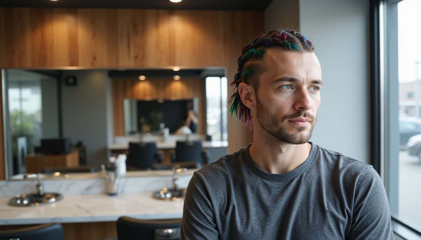 A confident man with colorful cornrow braids in a modern barbershop. A confident man with colorful cornrow braids in a modern barbershop.