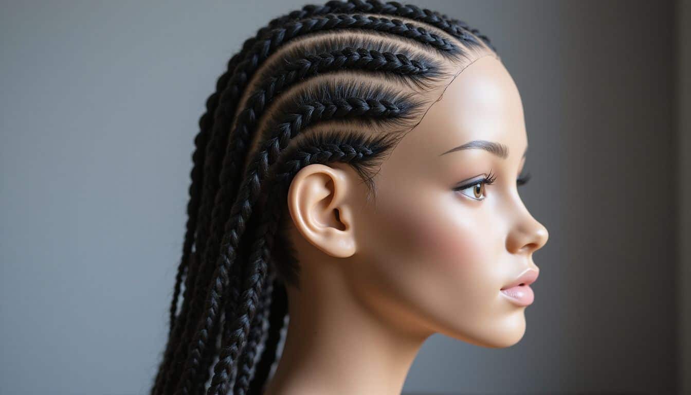 A close-up photo of tightly woven scalp braids on a lifelike mannequin head. A close-up photo of tightly woven scalp braids on a lifelike mannequin head.