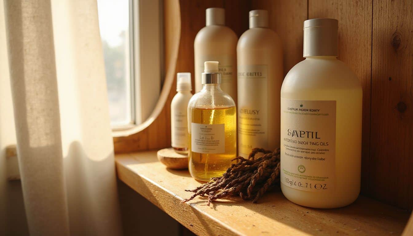 A close-up photo of a bathroom shelf with hair care products arranged neatly. A close-up photo of a bathroom shelf with hair care products arranged neatly.