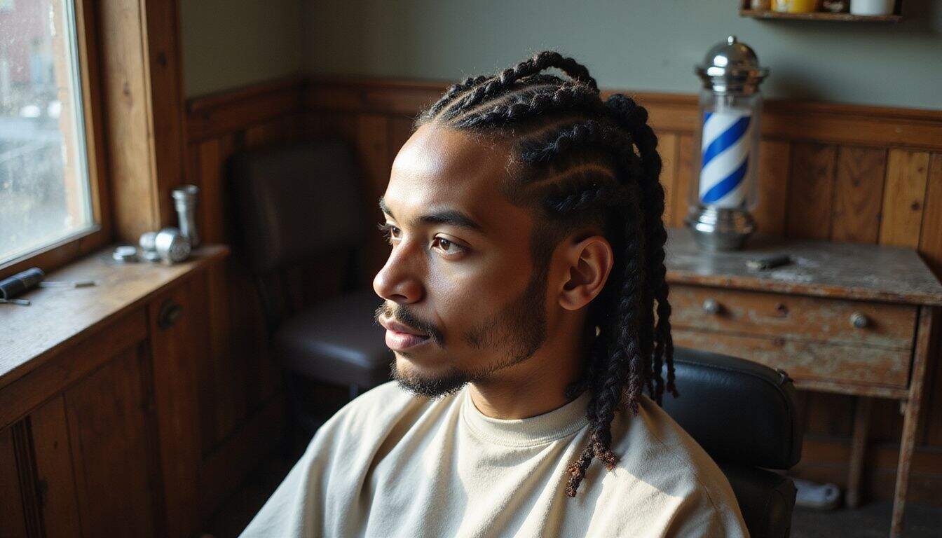 A young man sits in a barbershop with meticulously styled triangle part box braids. A young man sits in a barbershop with meticulously styled triangle part box braids.