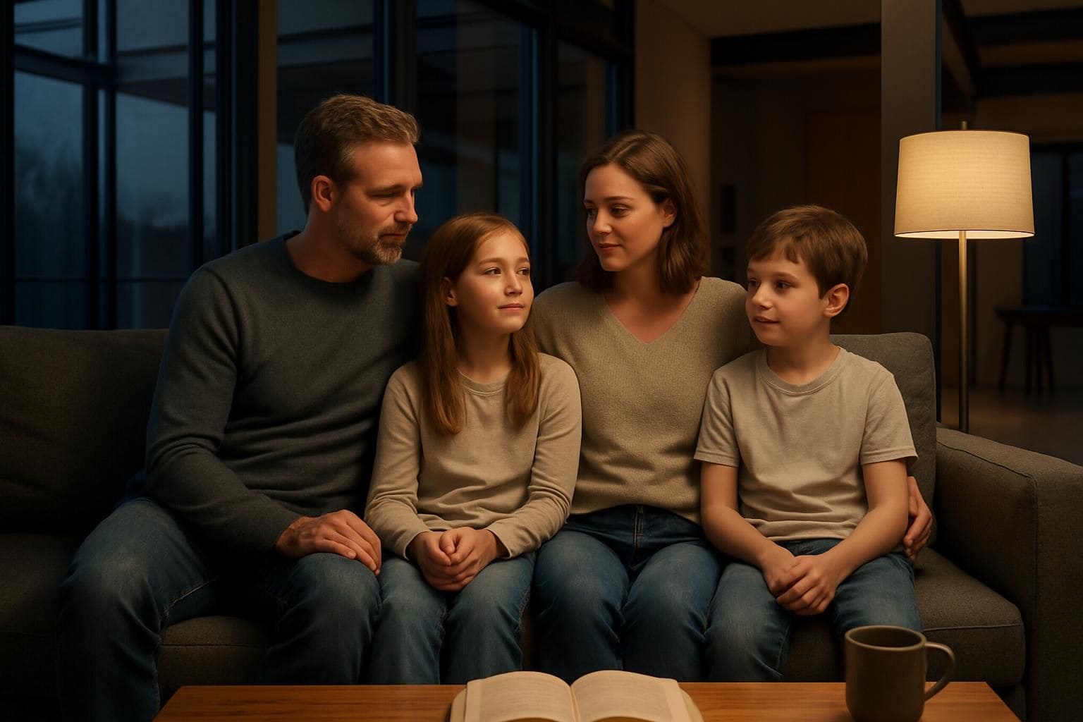 A family of four enjoys a quiet evening in their modern, spacious home. A family of four enjoys a quiet evening in their modern, spacious home.