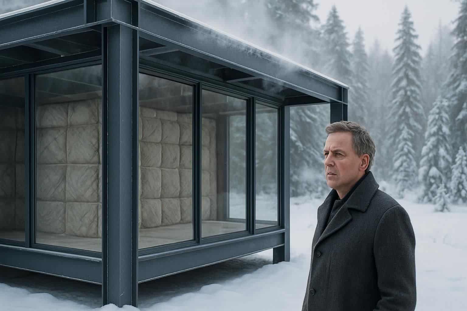 A modern steel-framed house in a wintry landscape with a man standing outside. A modern steel-framed house in a wintry landscape with a man standing outside.