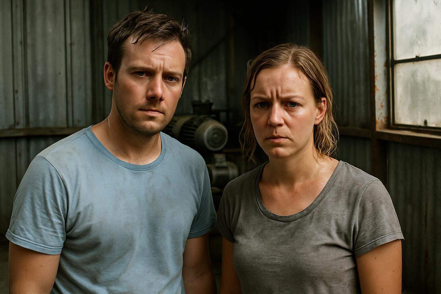 Two individuals standing in a hot, industrial building with machinery, looking uncomfortable and fatigued. Two individuals standing in a hot, industrial building with machinery, looking uncomfortable and fatigued.