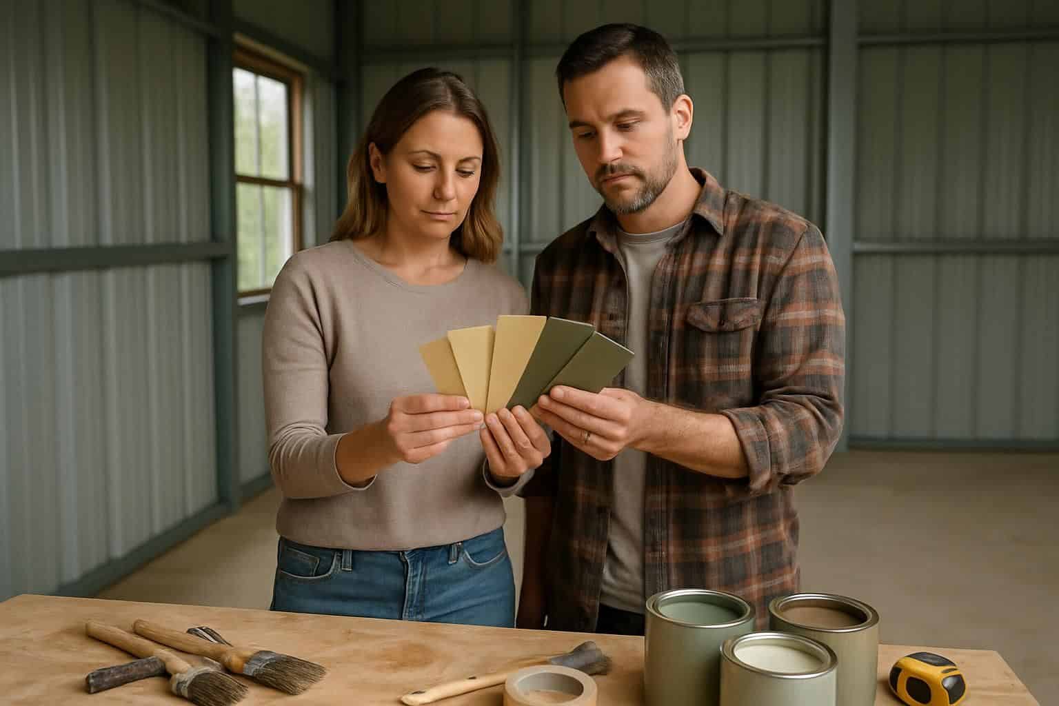 A couple in their mid-30s stands in a partially renovated steel building home, holding up paint swatches, surrounded by paint cans and tools. A couple in their mid-30s stands in a partially renovated steel building home, holding up paint swatches, surrounded by paint cans and tools.