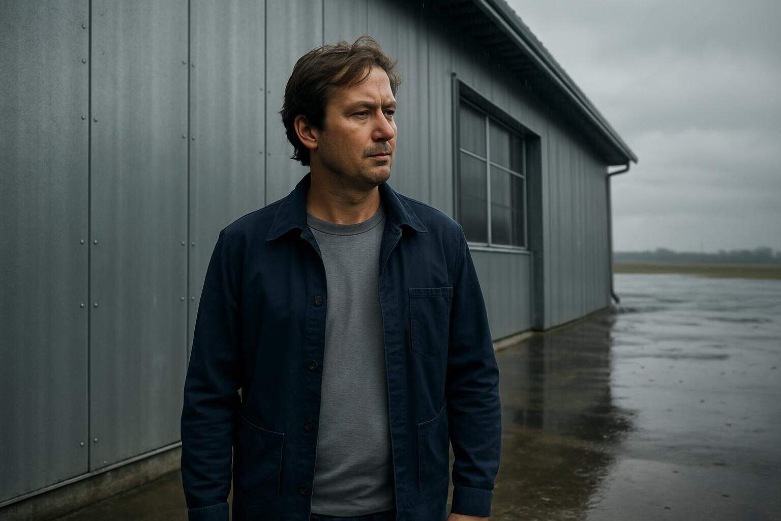 A man stands outside a steel industrial building, exuding calm and determination in the face of an approaching storm. A man stands outside a steel industrial building, exuding calm and determination in the face of an approaching storm.