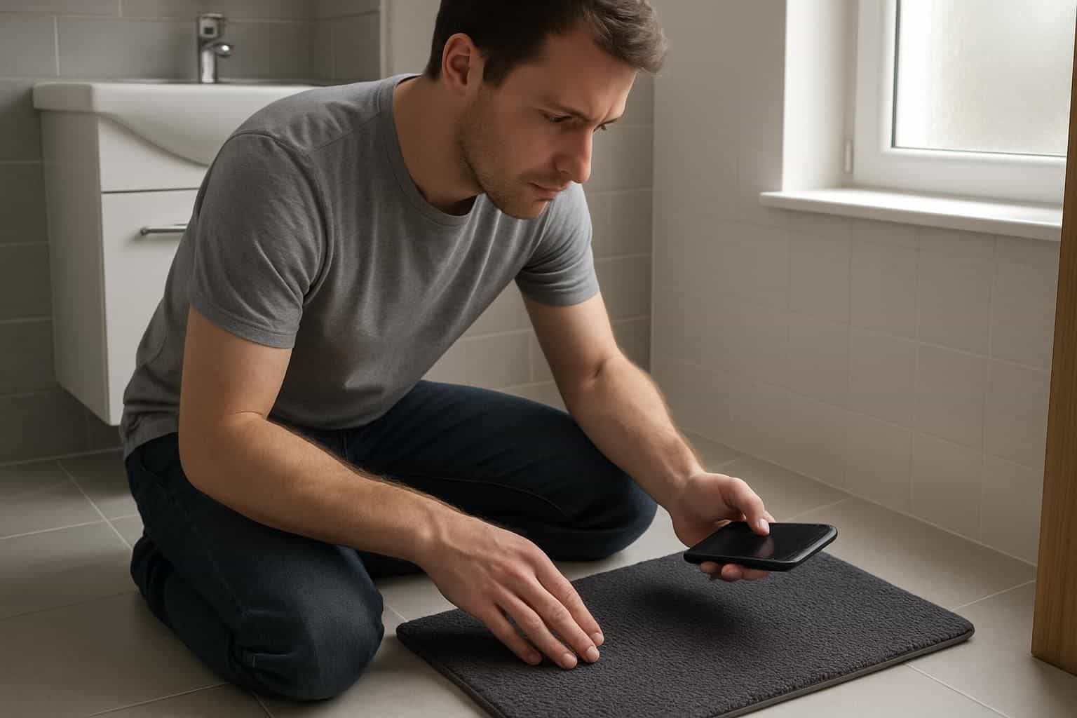 A man carefully sets up a smart bathroom carpet using a smartphone app. A man carefully sets up a smart bathroom carpet using a smartphone app.