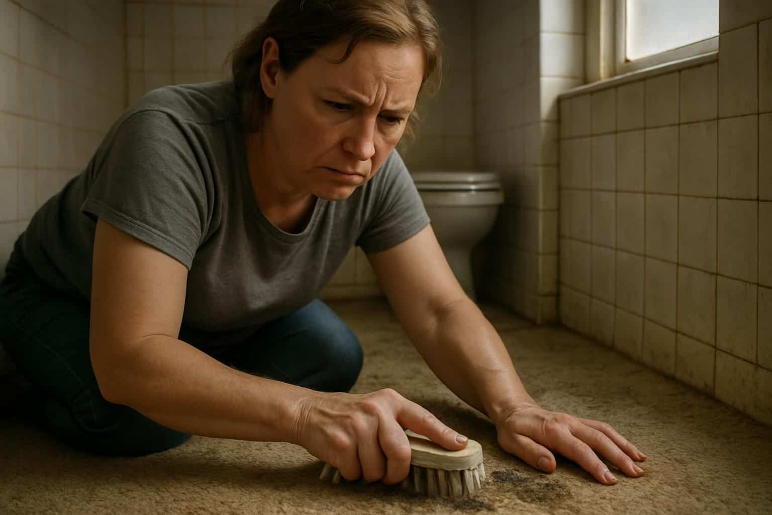 A woman in her 40s scrubbing mold stains from a worn bathroom carpet with a tense expression. A woman in her 40s scrubbing mold stains from a worn bathroom carpet with a tense expression.