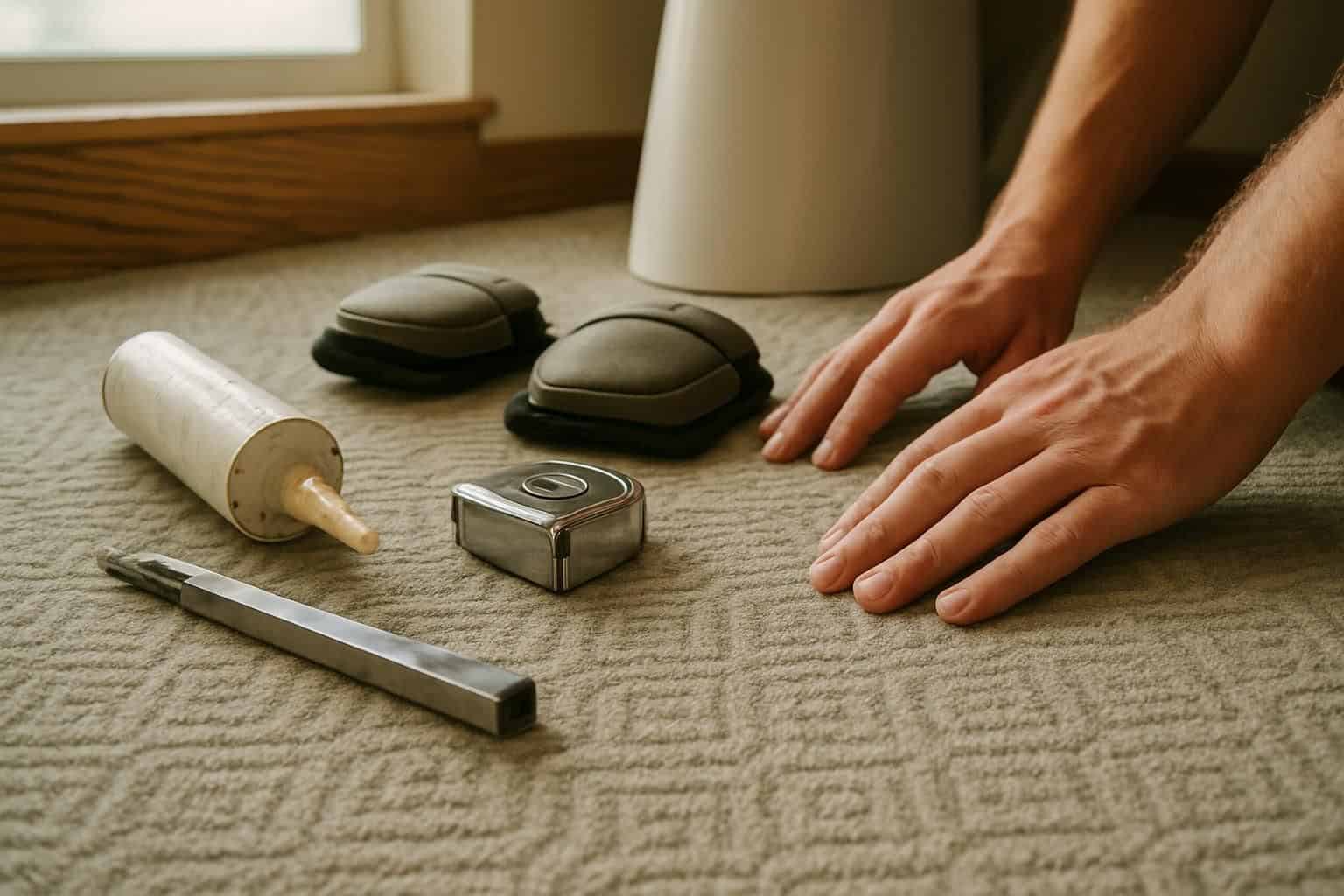 A close-up photo of a bathroom floor being renovated with plush carpet underlay and installation tools. A close-up photo of a bathroom floor being renovated with plush carpet underlay and installation tools.