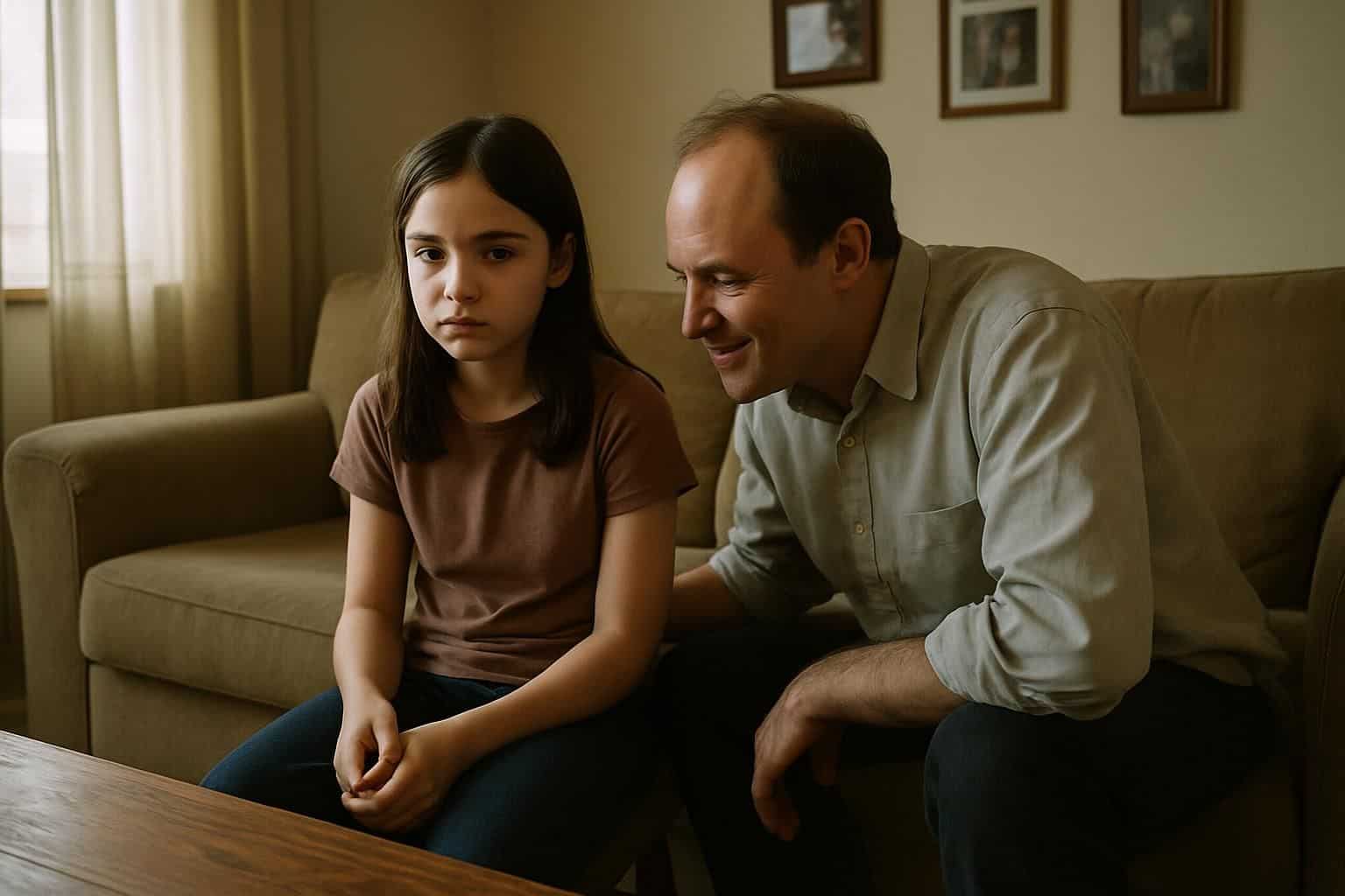 A tense young girl sits on a worn couch next to a middle-aged man with an uneasy smirk. A tense young girl sits on a worn couch next to a middle-aged man with an uneasy smirk.