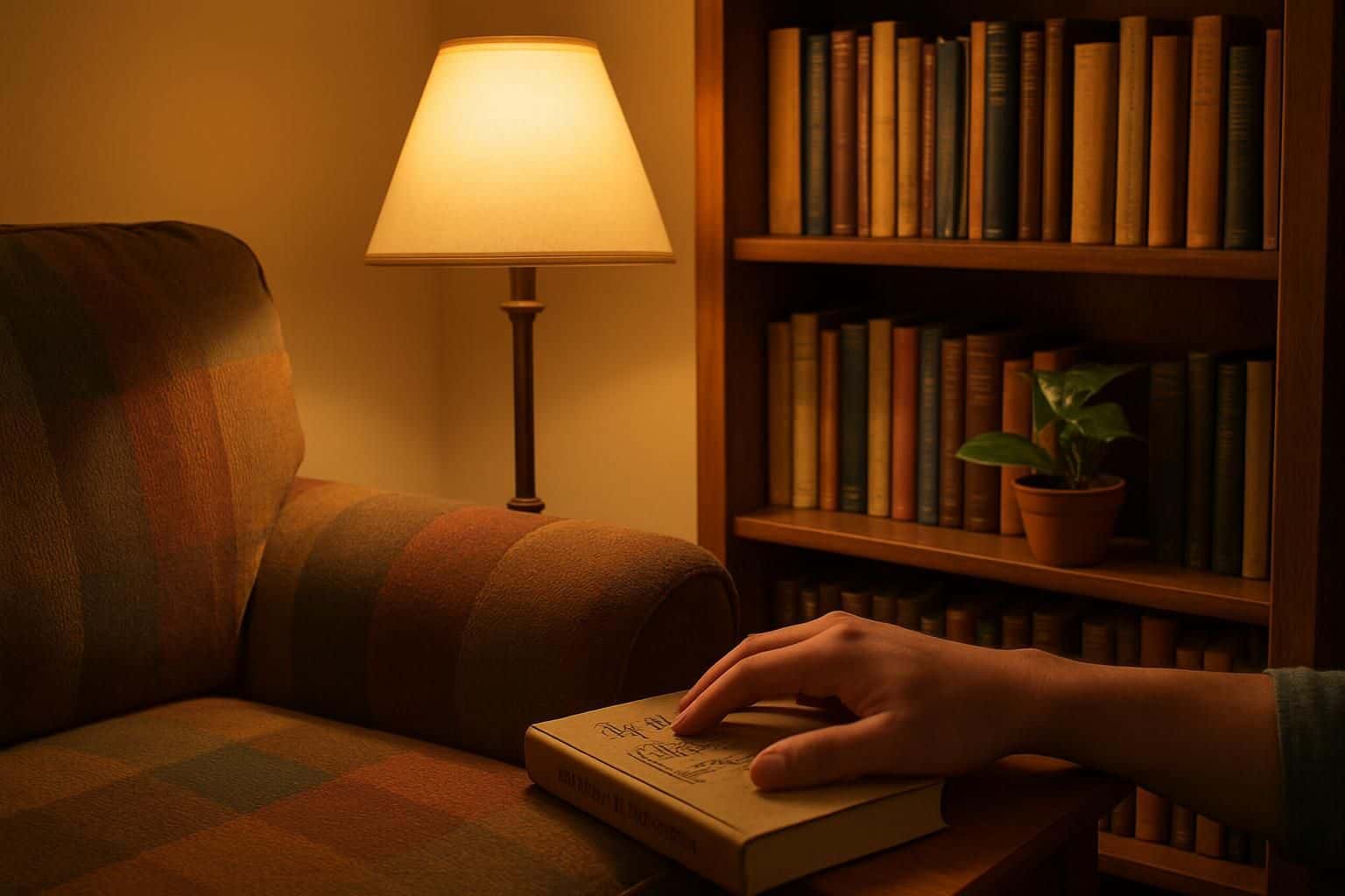 A cozy living room with a well-loved couch, bookshelf filled with books, and a potted plant. A cozy living room with a well-loved couch, bookshelf filled with books, and a potted plant.