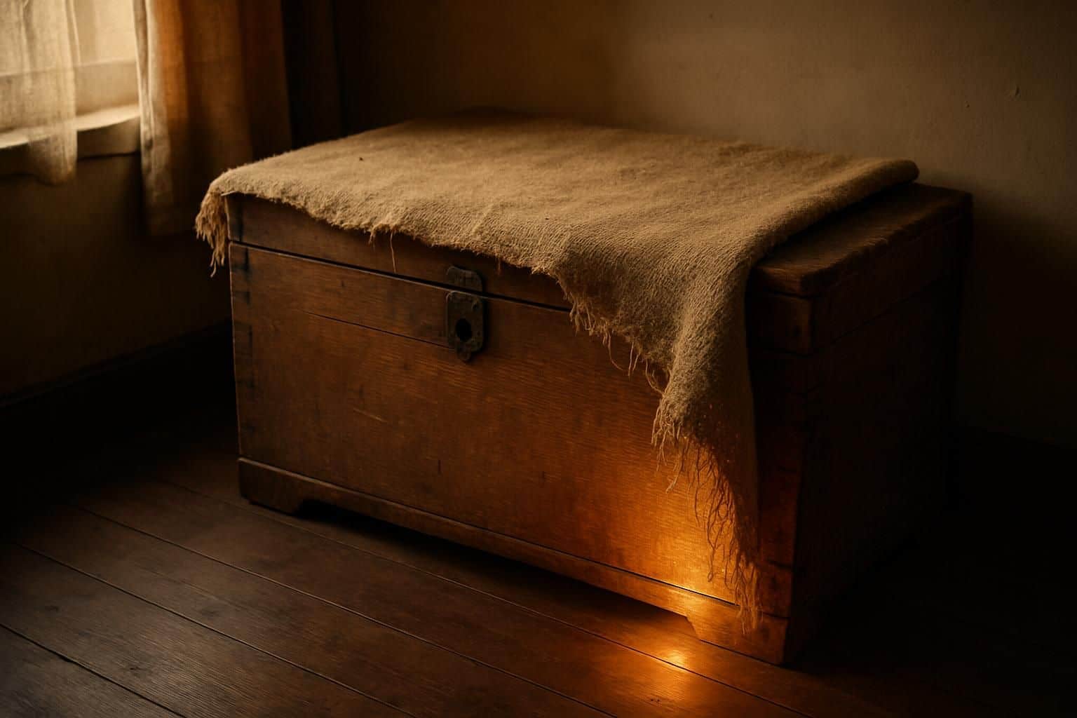 An old oak chest with a rusted lock and a dust-covered rug emitting a soft amber glow. An old oak chest with a rusted lock and a dust-covered rug emitting a soft amber glow.