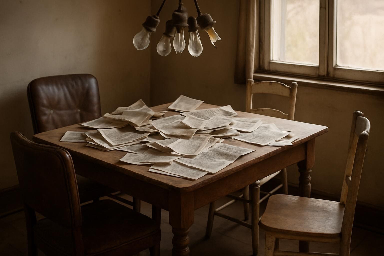 A cluttered dining room table with newspapers, worn chairs, and broken light fixtures. A cluttered dining room table with newspapers, worn chairs, and broken light fixtures.
