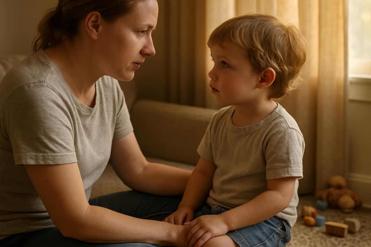 An adult and child have a serious conversation on a cozy sofa in a warm, nurturing home. An adult and child have a serious conversation on a cozy sofa in a warm, nurturing home.