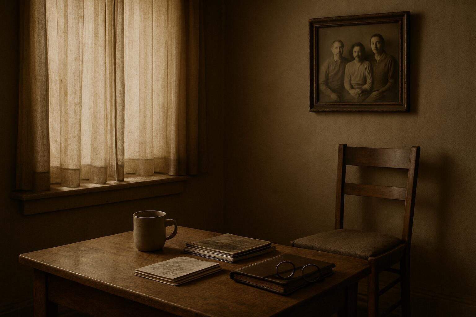 A cozy, lived-in living room with aged furniture and personal mementos. A cozy, lived-in living room with aged furniture and personal mementos.