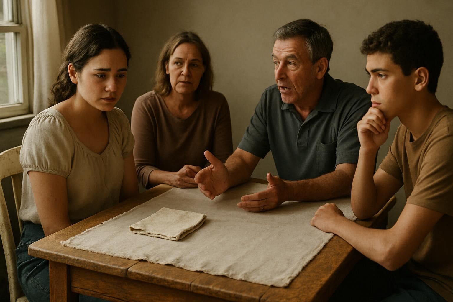 An uncomfortable family dinner, with tense interactions and silent support. An uncomfortable family dinner, with tense interactions and silent support.