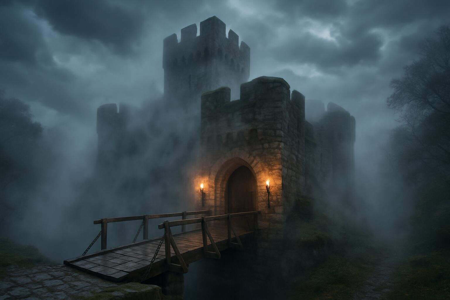 An ancient stone castle stands shrouded in mist, with a wooden drawbridge hanging slightly ajar over a moat. An ancient stone castle stands shrouded in mist, with a wooden drawbridge hanging slightly ajar over a moat.