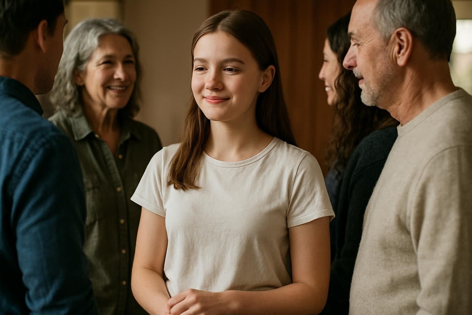 A teenage girl stands with her family, displaying a relaxed posture and contented expression. A teenage girl stands with her family, displaying a relaxed posture and contented expression.