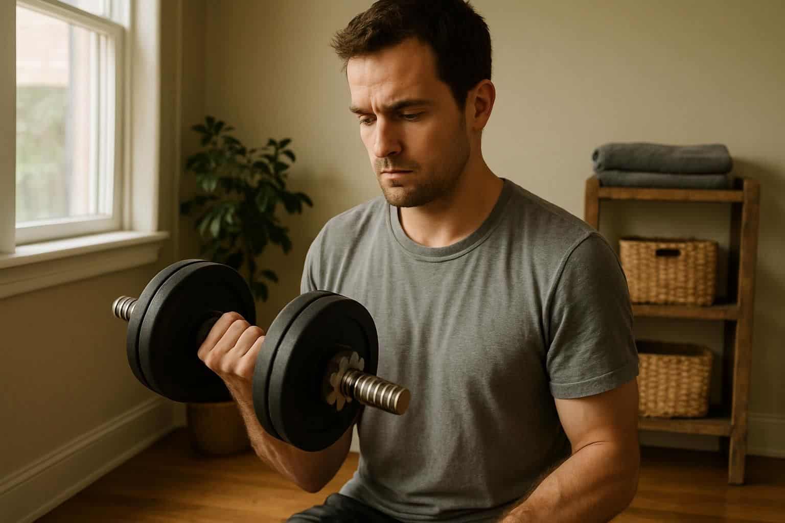 A focused man engages in weightlifting in a sunlit home gym with calm determination. A focused man engages in weightlifting in a sunlit home gym with calm determination.