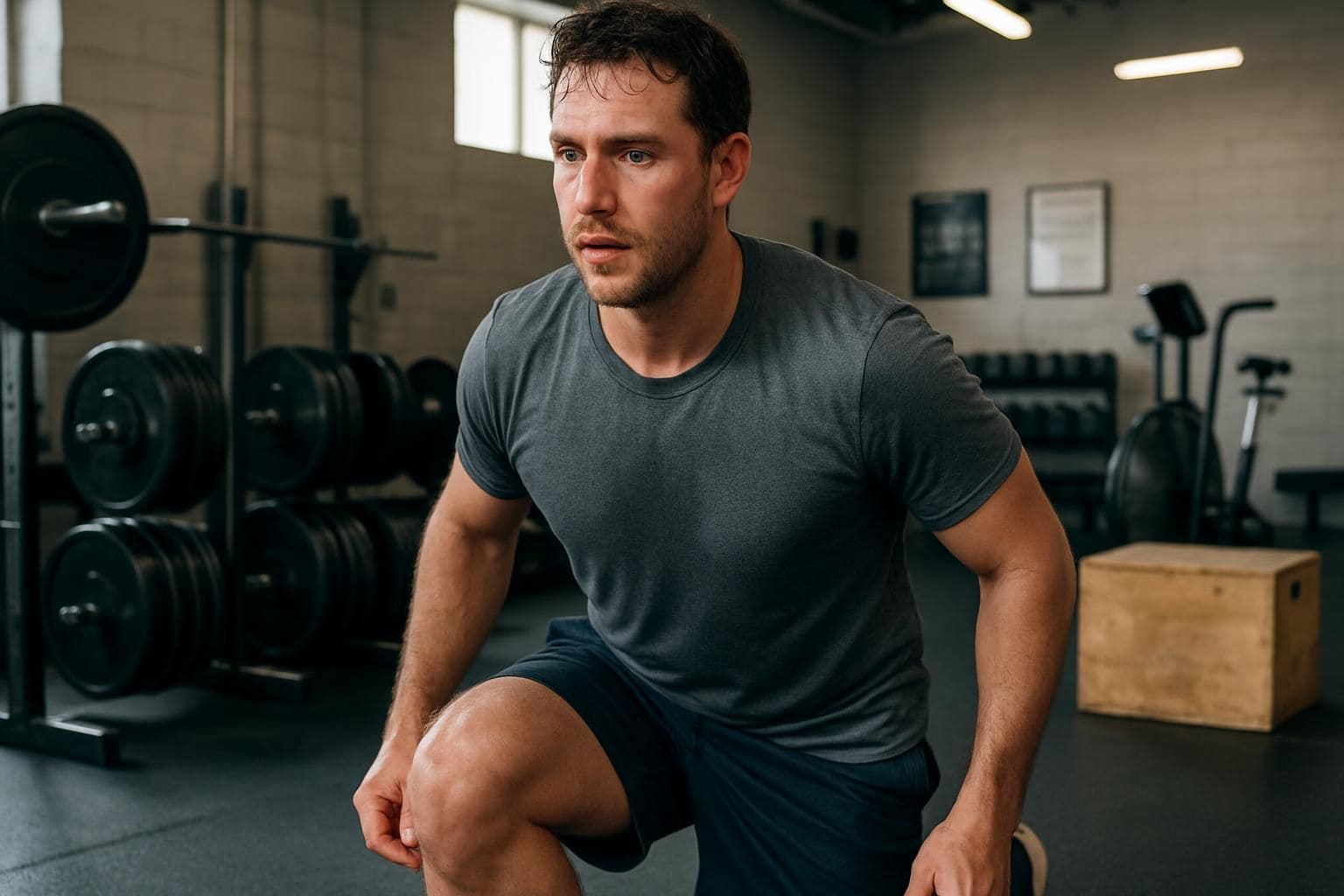 A man in his mid-30s works out in a gym with focus and determination. A man in his mid-30s works out in a gym with focus and determination.