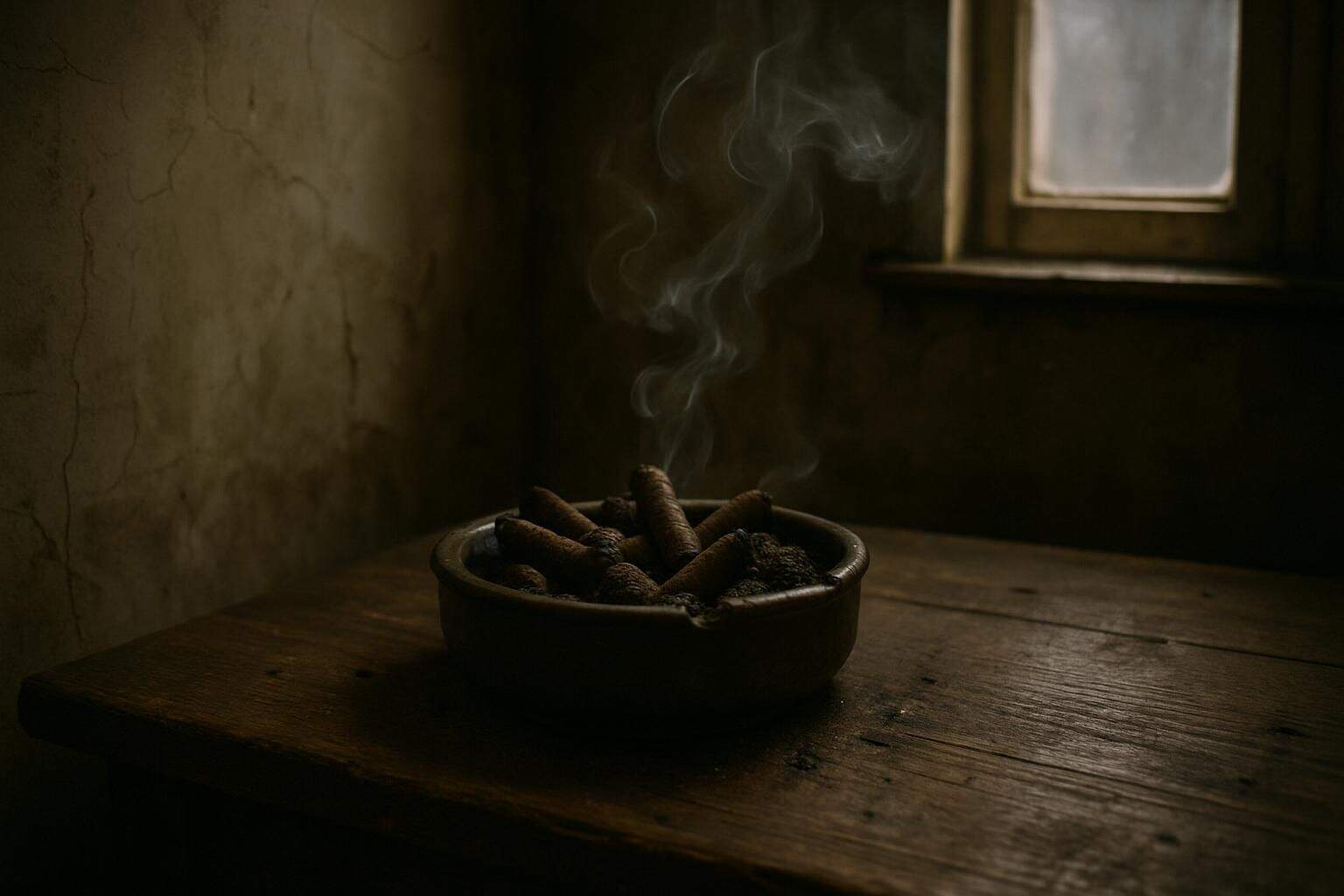 A room with smoke-stained walls, a full ashtray, and lingering smoke. A room with smoke-stained walls, a full ashtray, and lingering smoke.