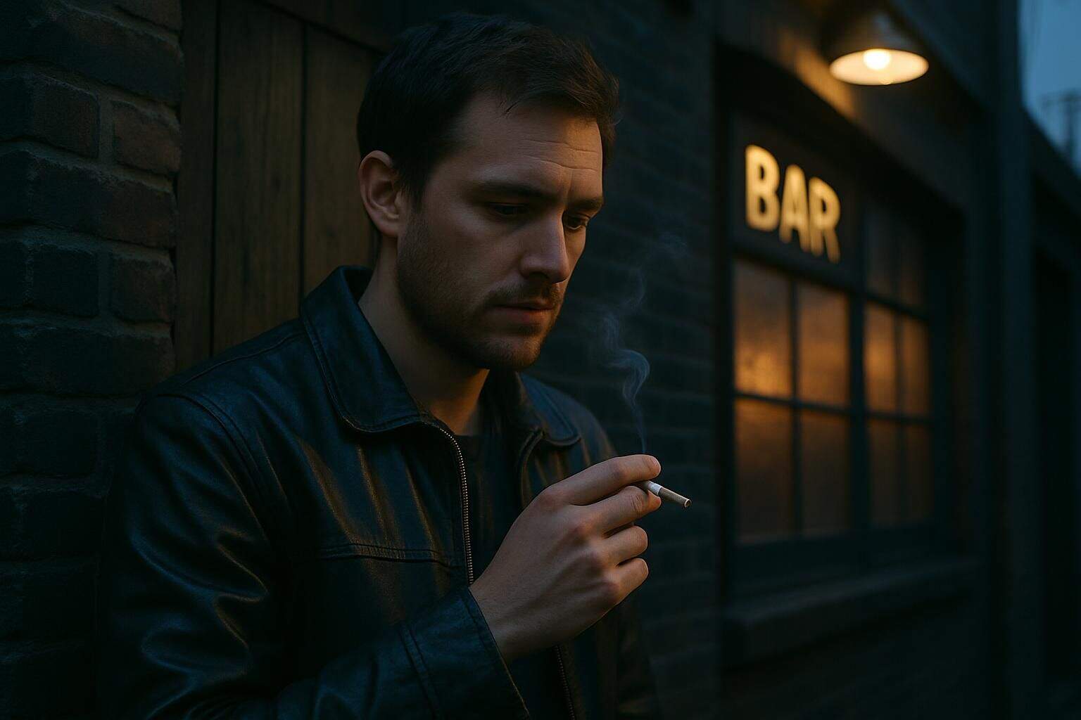 A man in his 30s stands outside a brick bar, clad in a leather jacket, holding a cigarette. A man in his 30s stands outside a brick bar, clad in a leather jacket, holding a cigarette.