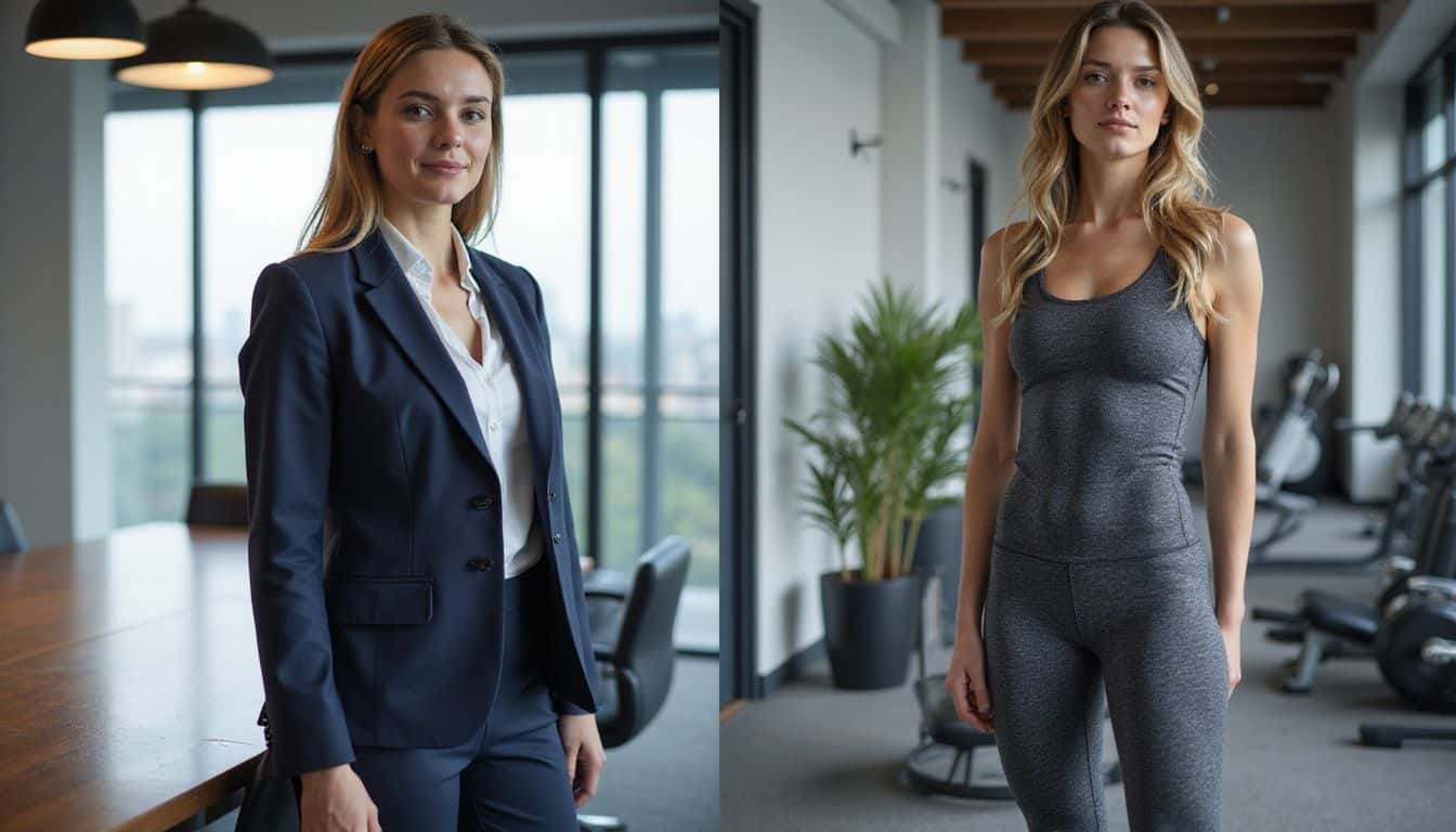 A woman in her 30s is shown in a professional boardroom setting and a casual gym environment. A woman in her 30s is shown in a professional boardroom setting and a casual gym environment.