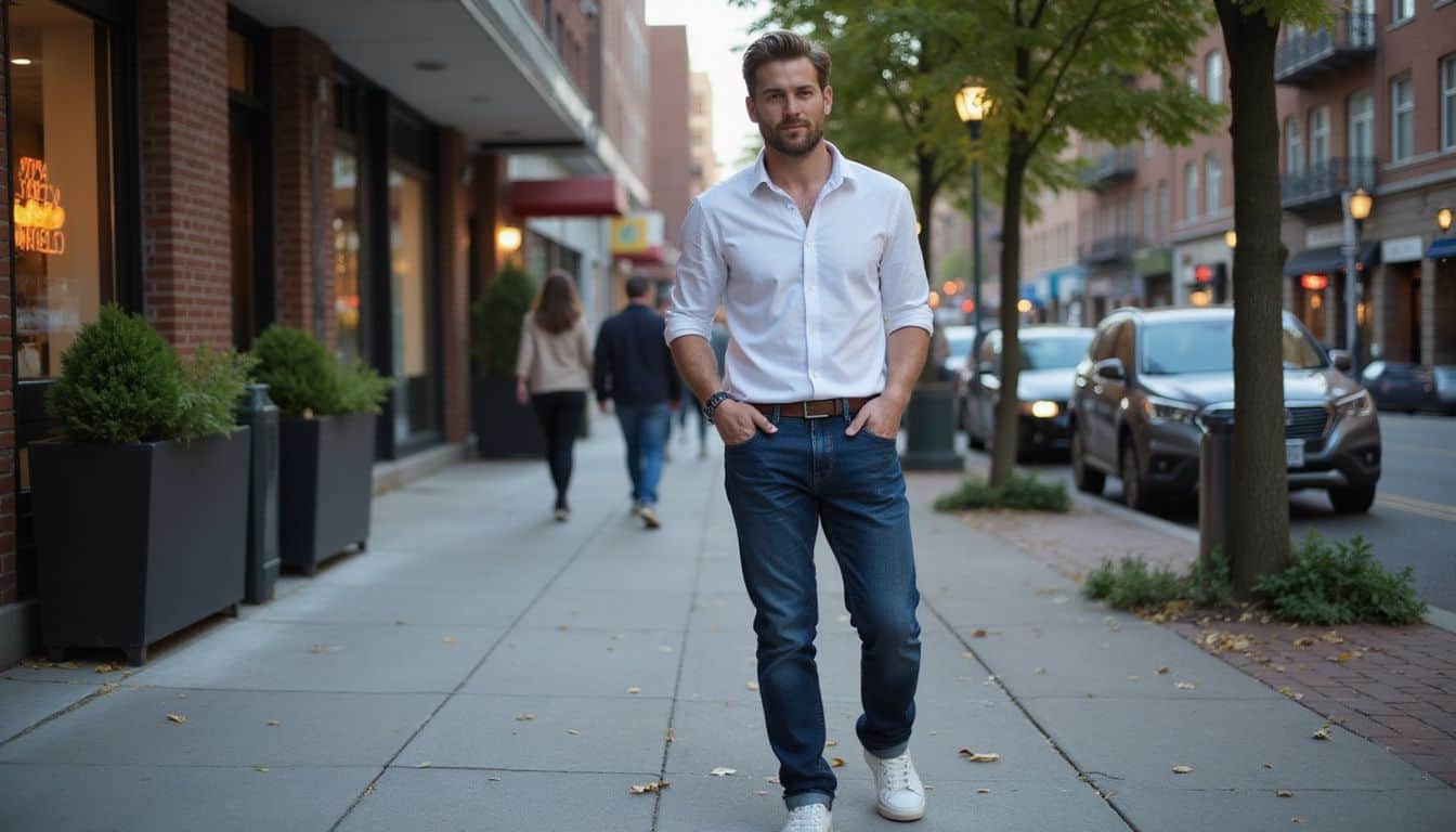 A man in his mid-30s confidently walks down a bustling city sidewalk in the early evening. A man in his mid-30s confidently walks down a bustling city sidewalk in the early evening.