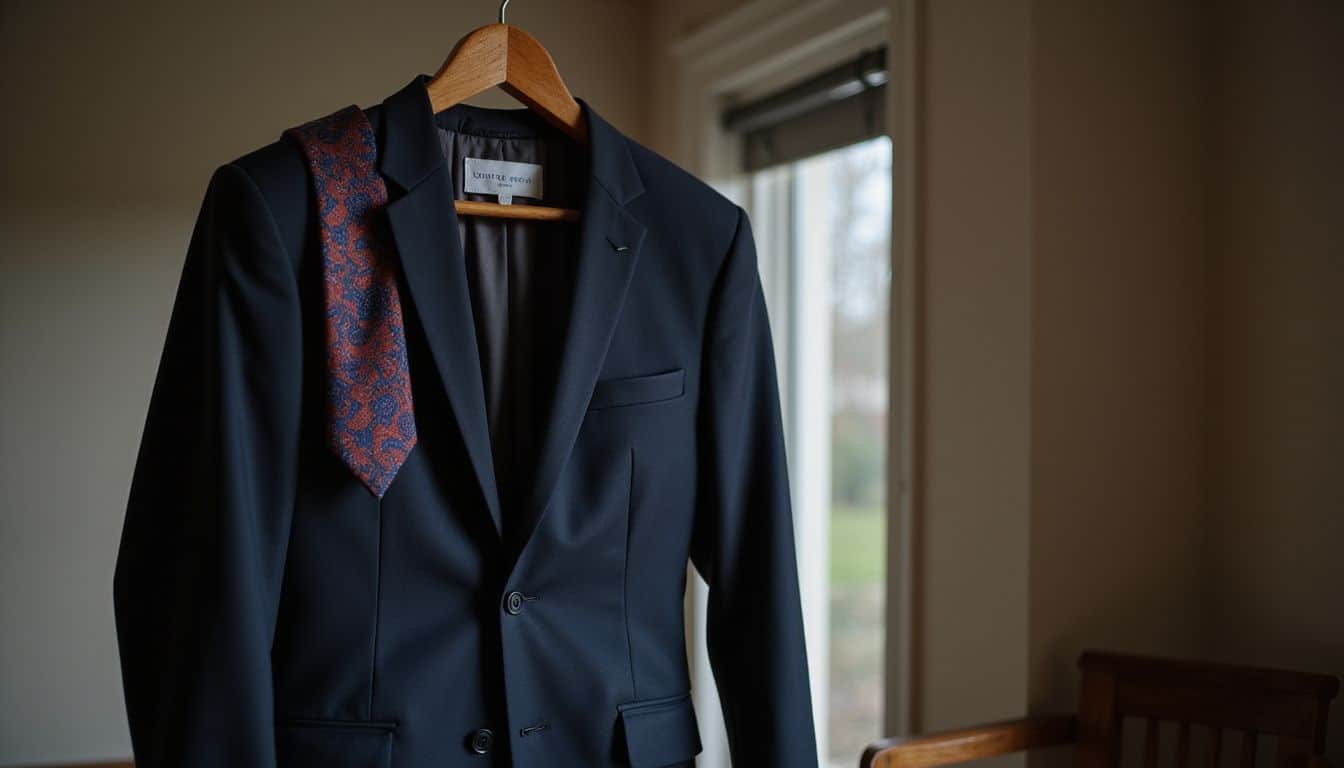 A dark navy wool suit and a vibrant red and deep blue silk tie hanging on a wooden hanger in a dimly lit room. A dark navy wool suit and a vibrant red and deep blue silk tie hanging on a wooden hanger in a dimly lit room.