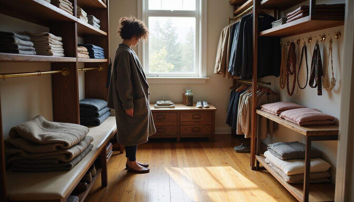 A well-organized walk-in closet showcasing a mix of high-end and thrifted clothing and accessories. A well-organized walk-in closet showcasing a mix of high-end and thrifted clothing and accessories.