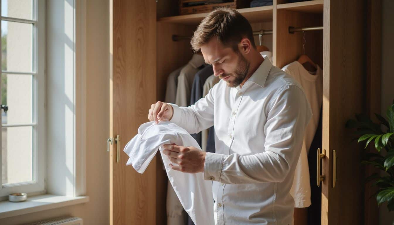 A man neatly folds a white dress shirt in a well-organized, calm and tastefully decorated room. A man neatly folds a white dress shirt in a well-organized, calm and tastefully decorated room.