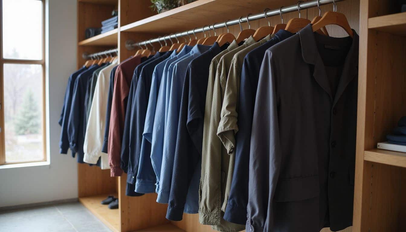 A well-organized, modern men's clothing collection with integrated technology, showcasing clean, gender-neutral designs in a minimalist closet. A well-organized, modern men's clothing collection with integrated technology, showcasing clean, gender-neutral designs in a minimalist closet.