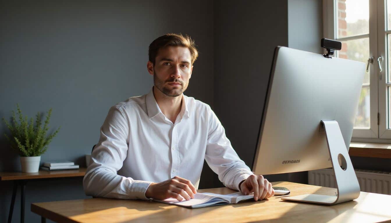 A man in his 30s adjusts a webcam at a modern, minimalist workspace. A man in his 30s adjusts a webcam at a modern, minimalist workspace.