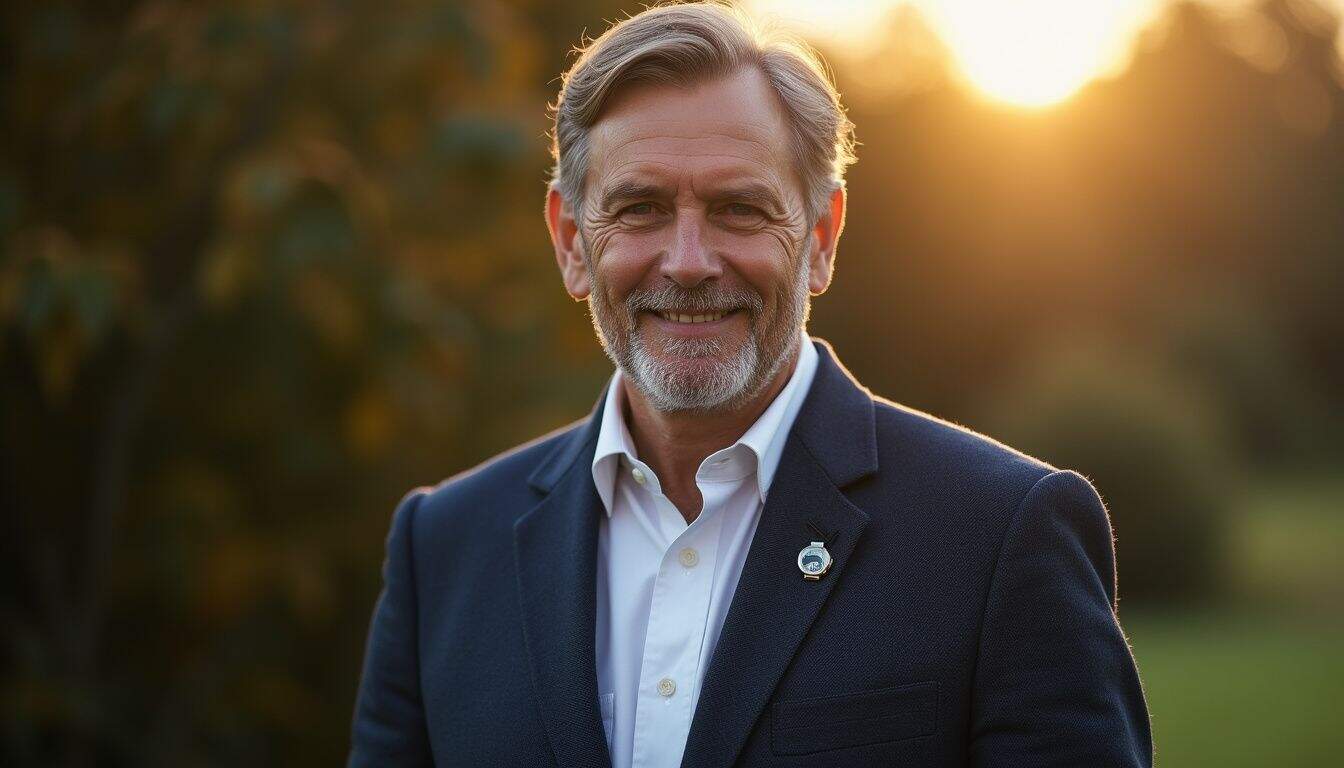 A middle-aged man in a navy blazer and white shirt exudes confidence with subtle, elegant accessories. A middle-aged man in a navy blazer and white shirt exudes confidence with subtle, elegant accessories.