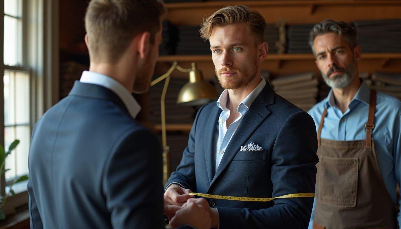 A young man adjusts his tailored navy suit in a warmly lit tailor shop. A young man adjusts his tailored navy suit in a warmly lit tailor shop.
