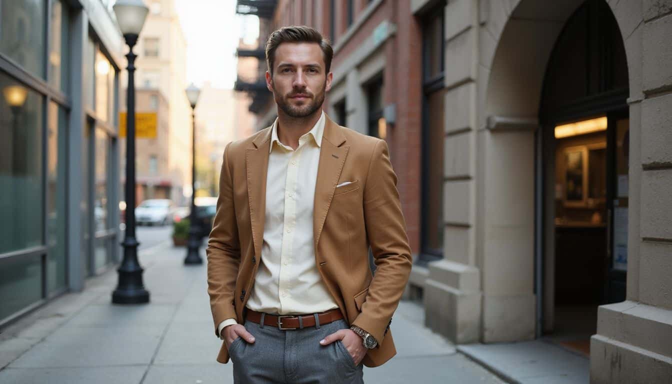 A confident man in his 30s stands in a bustling city sidewalk wearing a well-tailored outfit. A confident man in his 30s stands in a bustling city sidewalk wearing a well-tailored outfit.
