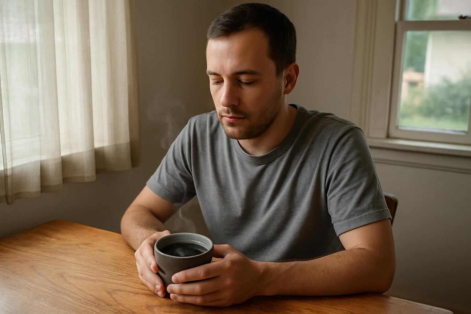 A man in his 30s sits at a kitchen table, holding a cup of coffee in peaceful contemplation. A man in his 30s sits at a kitchen table, holding a cup of coffee in peaceful contemplation.