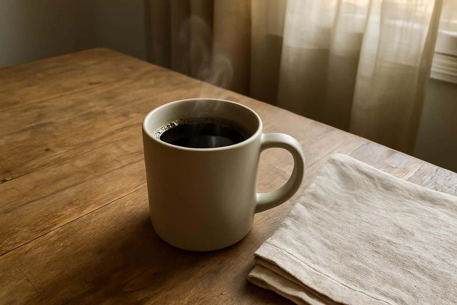 A mug of black coffee sits on a weathered oak table in soft morning light. A mug of black coffee sits on a weathered oak table in soft morning light.