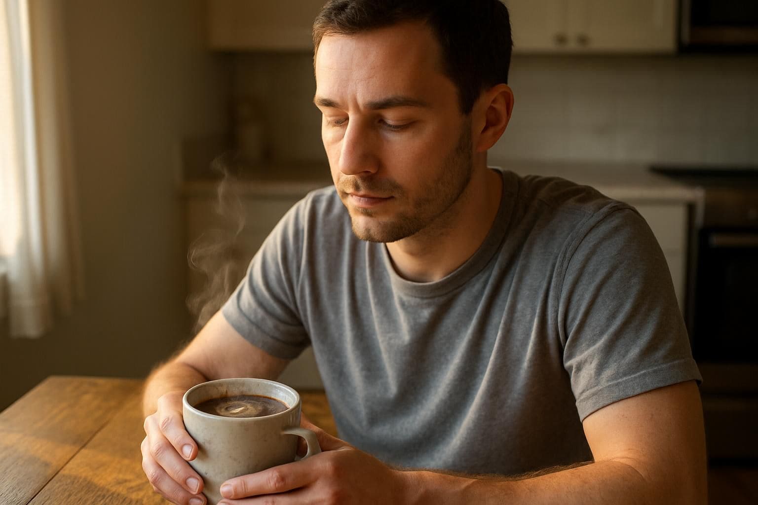 A man in his 30s sits at a kitchen table, holding a mug of steaming coffee. A man in his 30s sits at a kitchen table, holding a mug of steaming coffee.