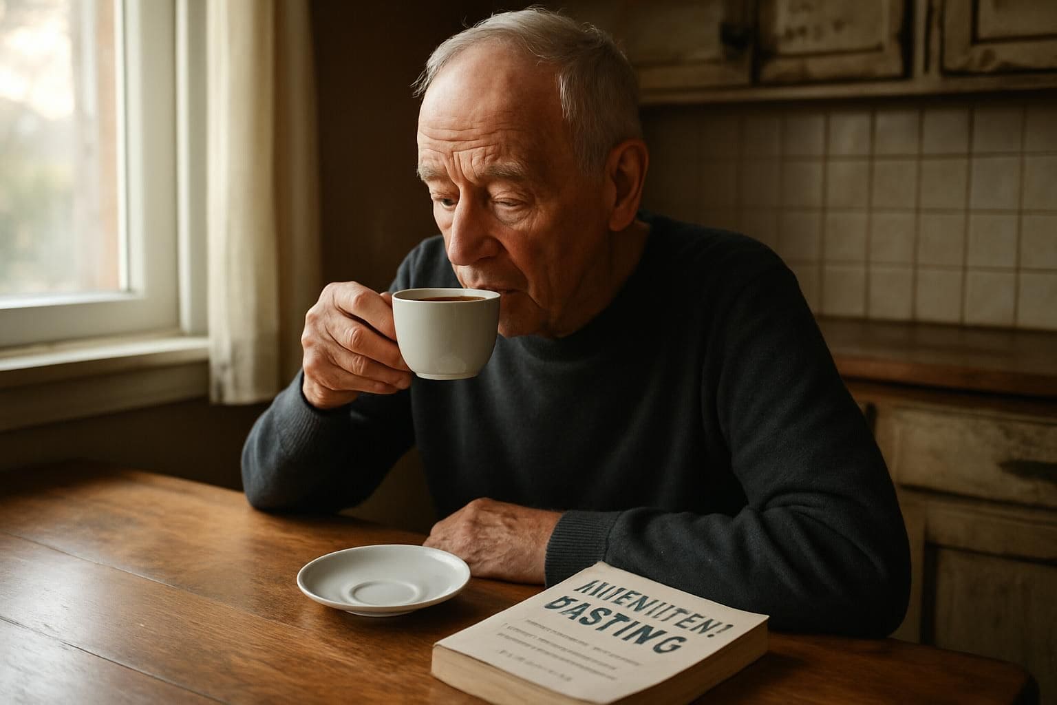 An elderly man enjoys his morning coffee and reads a book on intermittent fasting in a cozy kitchen. An elderly man enjoys his morning coffee and reads a book on intermittent fasting in a cozy kitchen.