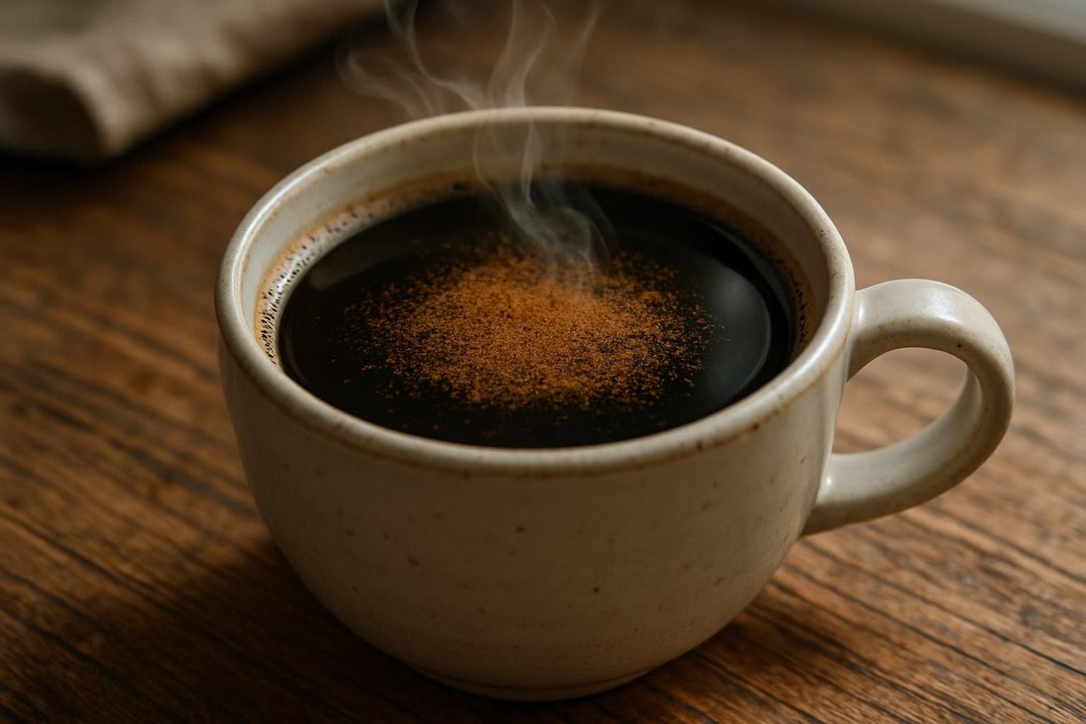 A close-up photo of a ceramic cup filled with black coffee on a wooden table. A close-up photo of a ceramic cup filled with black coffee on a wooden table.