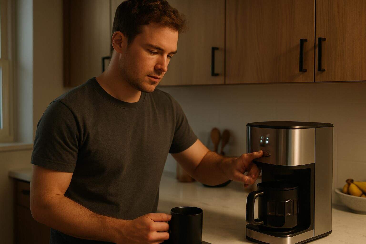 A man is using a modern coffee maker in a sleek kitchen. A man is using a modern coffee maker in a sleek kitchen.